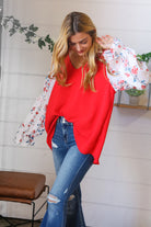 Red Chiffon Foiled Floral Thread Ruffle Sleeve Blouse Sugarfox