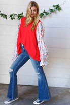 Red Chiffon Foiled Floral Thread Ruffle Sleeve Blouse Sugarfox