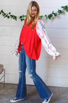 Red Chiffon Foiled Floral Thread Ruffle Sleeve Blouse Sugarfox