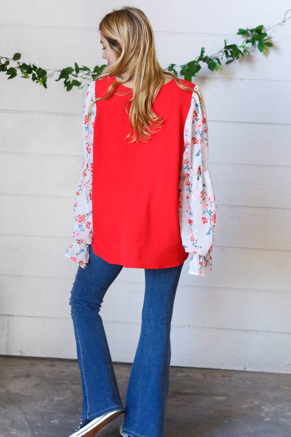 Red Chiffon Foiled Floral Thread Ruffle Sleeve Blouse Sugarfox