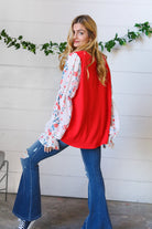 Red Chiffon Foiled Floral Thread Ruffle Sleeve Blouse Sugarfox