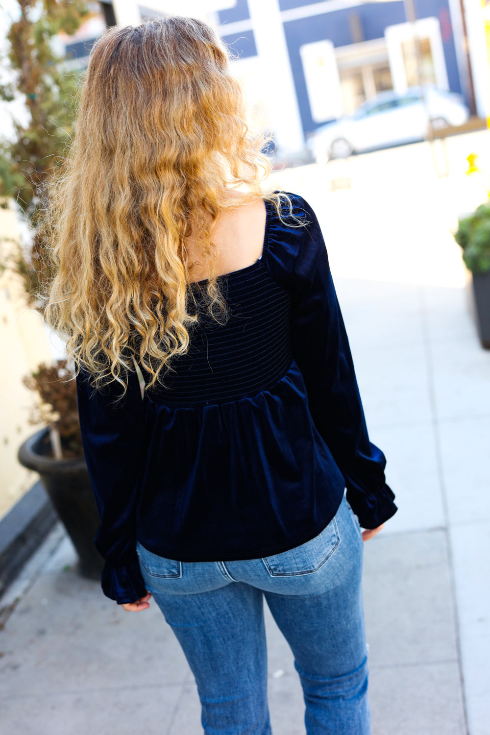 Shine Your Light Navy Crushed Velvet Smocked Ruffle Top Reborn J