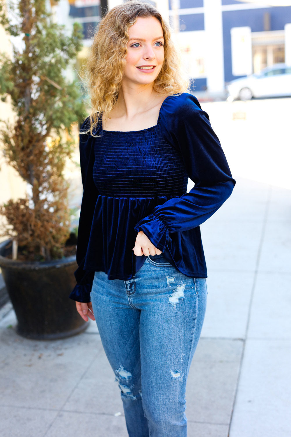 Shine Your Light Navy Crushed Velvet Smocked Ruffle Top Reborn J