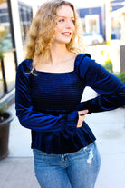 Shine Your Light Navy Crushed Velvet Smocked Ruffle Top Reborn J