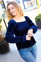 Shine Your Light Navy Crushed Velvet Smocked Ruffle Top Reborn J