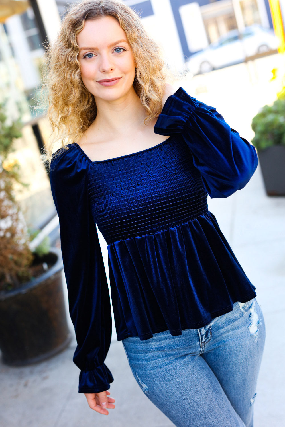 Shine Your Light Navy Crushed Velvet Smocked Ruffle Top Reborn J