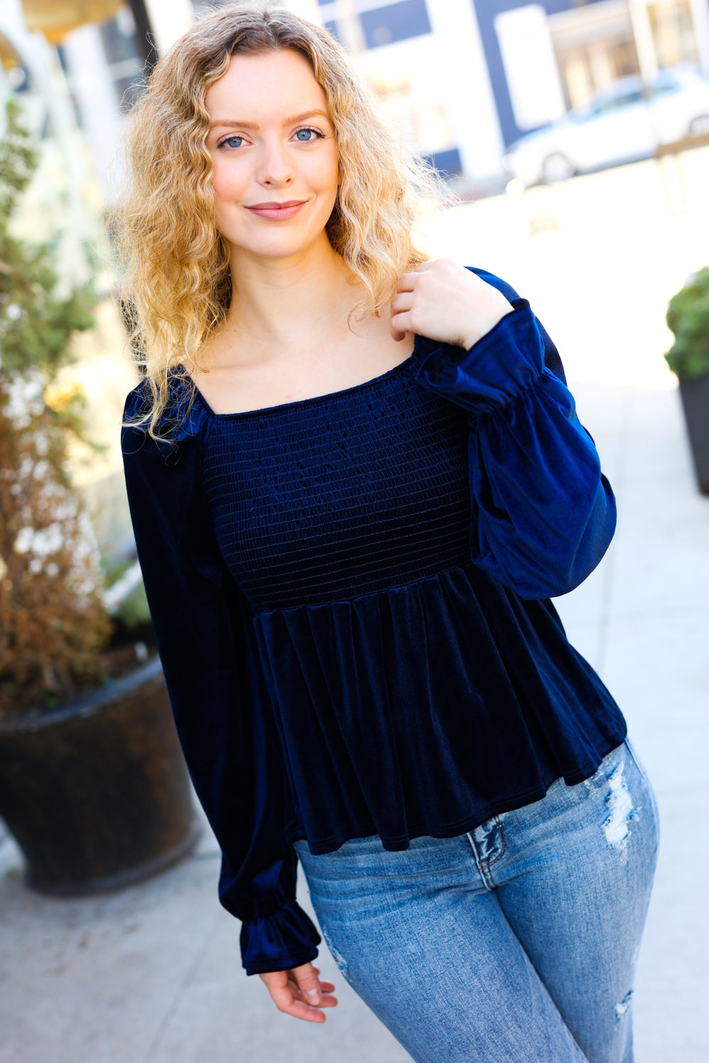 Shine Your Light Navy Crushed Velvet Smocked Ruffle Top Reborn J