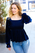 Shine Your Light Navy Crushed Velvet Smocked Ruffle Top Reborn J