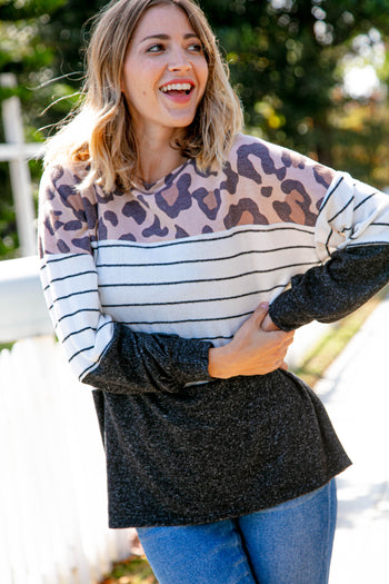 Two Tone Hacci Leopard Stripe Color Block Top Haptics