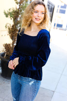 Shine Your Light Navy Crushed Velvet Smocked Ruffle Top Reborn J