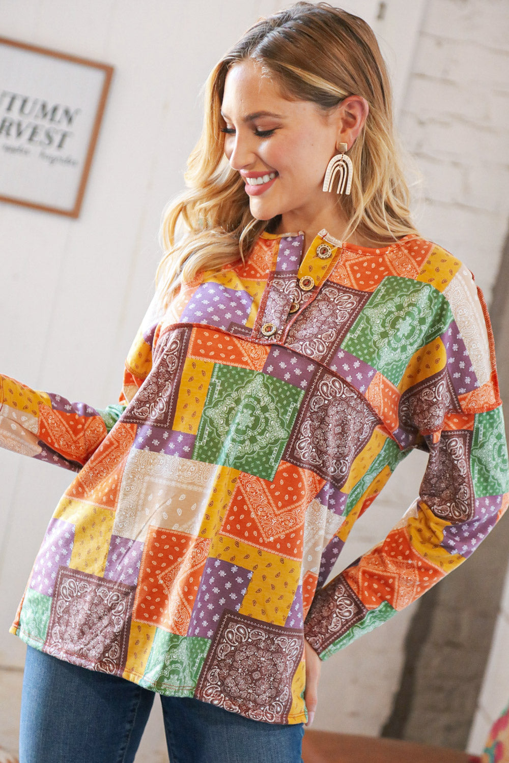 Multicolor Patchwork Button Down Terry Outseam Top Haptics