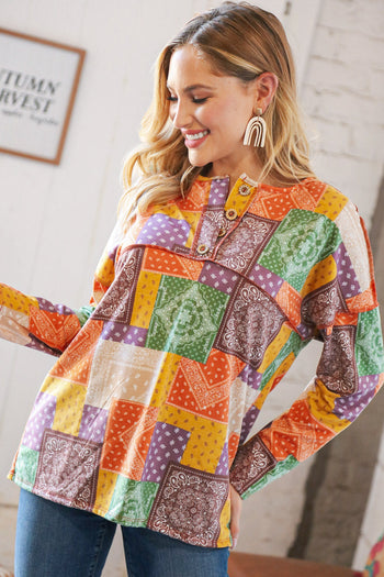 Multicolor Patchwork Button Down Terry Outseam Top Haptics