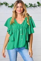 Sea Green Button Ruffle Woven Top Haptics