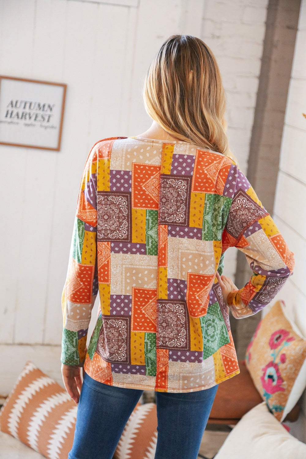 Multicolor Patchwork Button Down Terry Outseam Top Haptics
