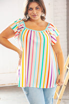 Multicolor Vertical Stripe Ruffle Frill Sleeve Top Haptics