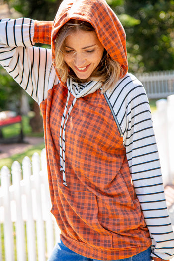 Rust Plaid French Terry Raglan Hoodie Haptics