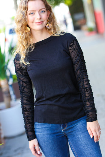 Black Shirred Velvet Mesh Long Sleeve Top Haptics