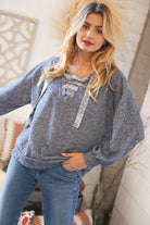 Blue Cotton Terry Floral Lace Up Bubble Sleeve Pullover Sugarfox