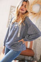 Blue Cotton Terry Floral Lace Up Bubble Sleeve Pullover Sugarfox
