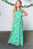 Green & Blue Floral Print Fit and Flare Maxi Dress Haptics