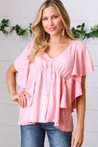 Soft Pink Swiss Dot Ruffle Woven Top Sugarfox