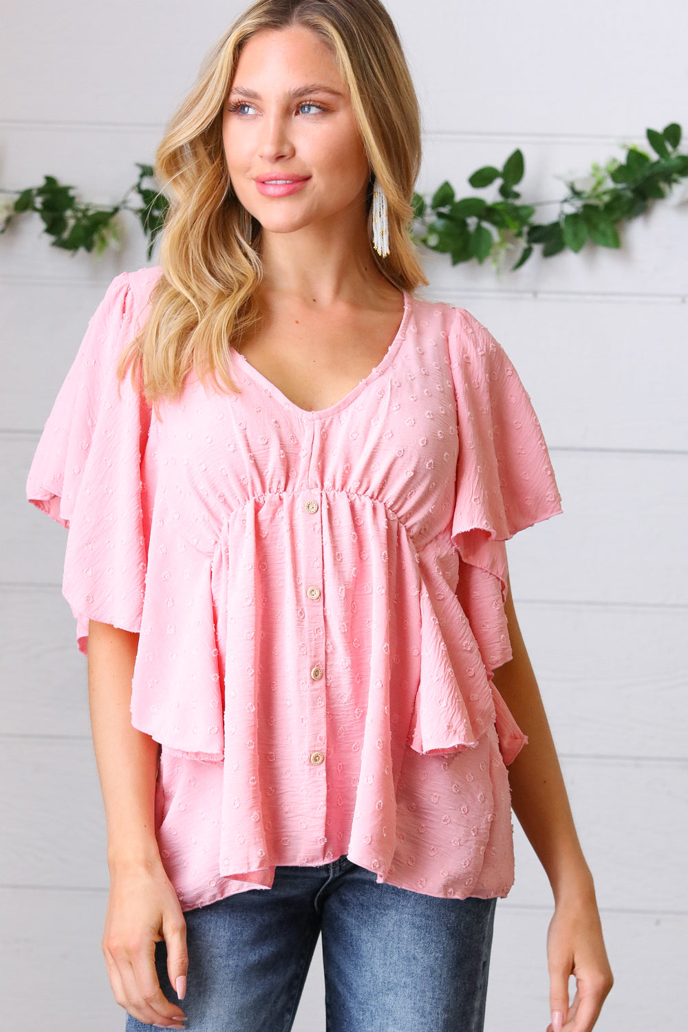 Soft Pink Swiss Dot Ruffle Woven Top Sugarfox