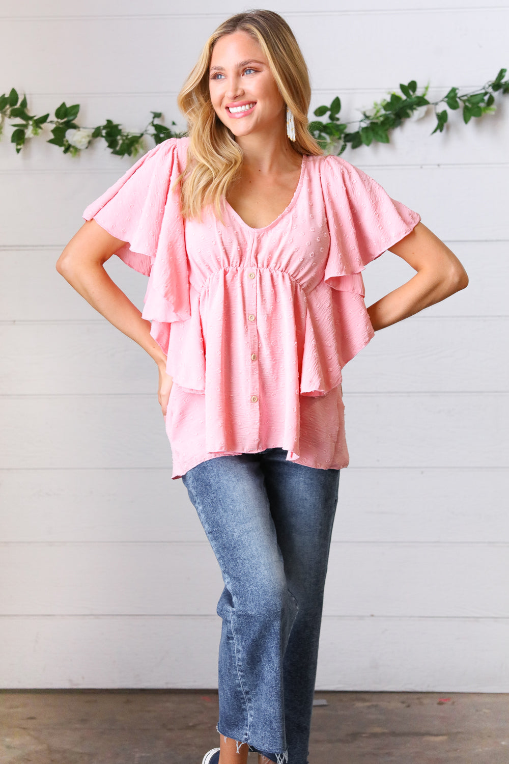 Soft Pink Swiss Dot Ruffle Woven Top Sugarfox