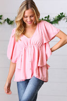 Soft Pink Swiss Dot Ruffle Woven Top Sugarfox