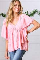 Soft Pink Swiss Dot Ruffle Woven Top Sugarfox