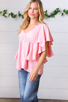 Soft Pink Swiss Dot Ruffle Woven Top Sugarfox