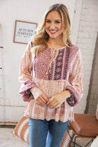 Berry Ethnic Floral Front Beaded Tie Peasant Woven Blouse Sugarfox