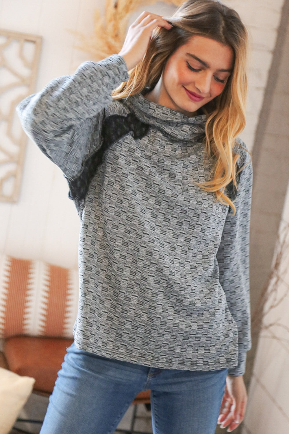 Grey Turtleneck Textured Jacquard Sweater Top Haptics