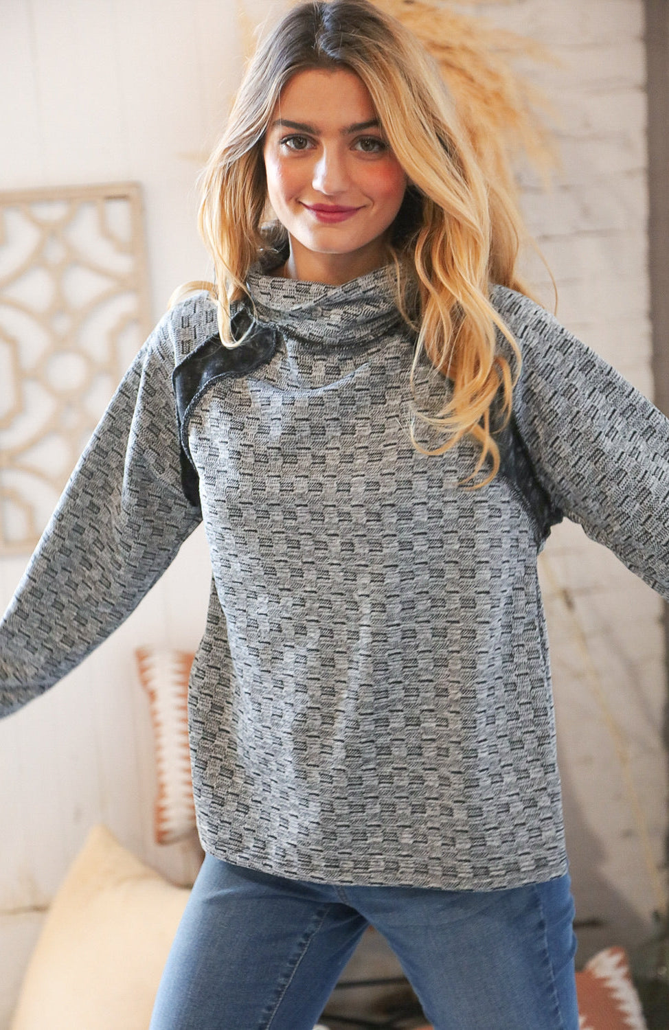 Grey Turtleneck Textured Jacquard Sweater Top Haptics