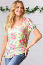 Canary/Mint Floral Square Neck Bubble Sleeve Top Haptics