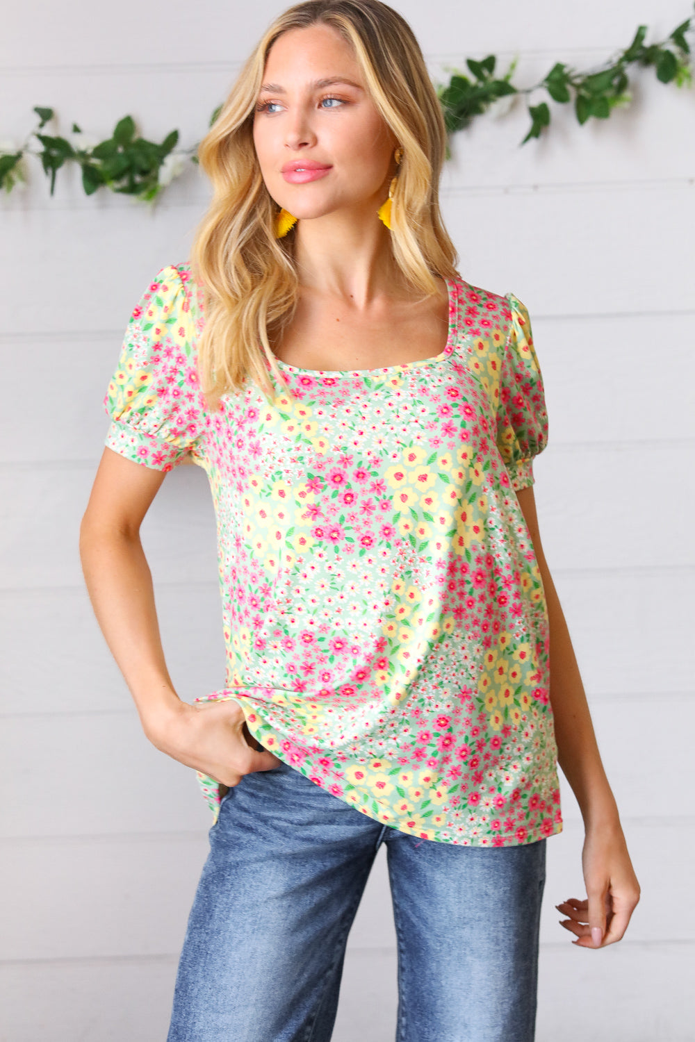 Canary/Mint Floral Square Neck Bubble Sleeve Top Haptics