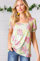 Canary/Mint Floral Square Neck Bubble Sleeve Top Haptics