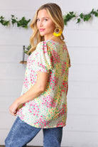 Canary/Mint Floral Square Neck Bubble Sleeve Top Haptics