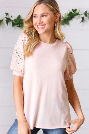 Peach Eyelet Puff Sleeve French Terry Top Haptics