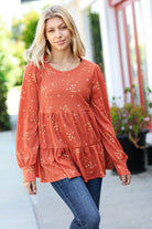 Hello Beautiful Rust Ditzy Floral Thermal Tiered Babydoll Top Ces Femme