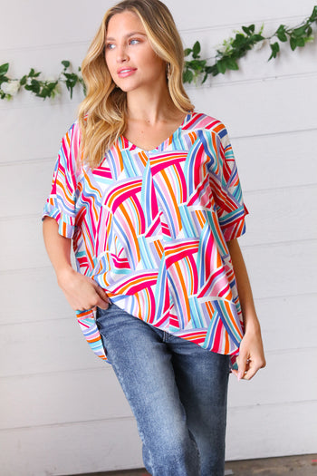 Blue & Fuchsia Geometric Print Woven Top Haptics