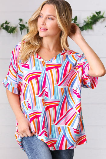 Blue & Fuchsia Geometric Print Woven Top Haptics