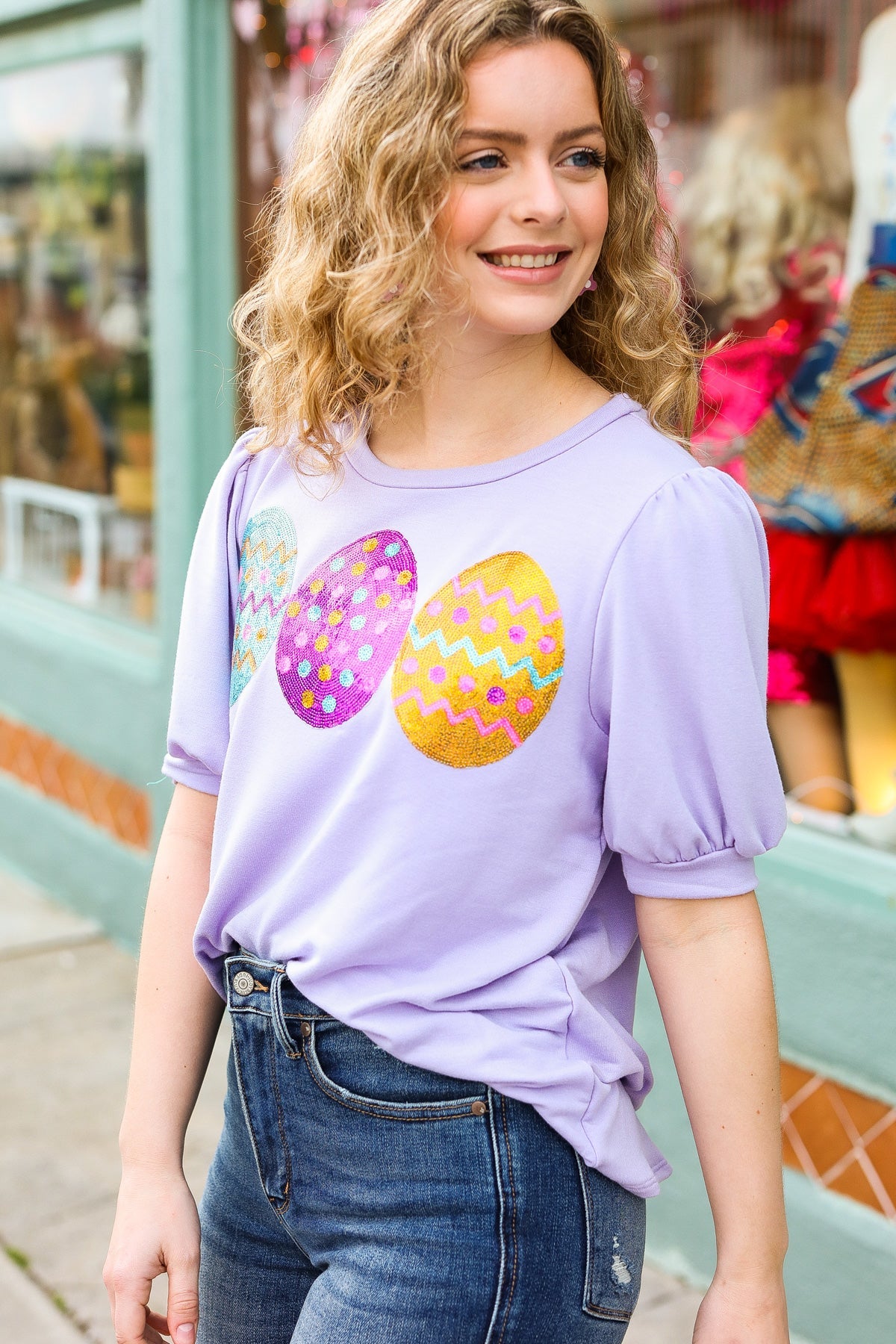 Turn Heads Lilac Sequin Easter Egg Terry Top Haptics