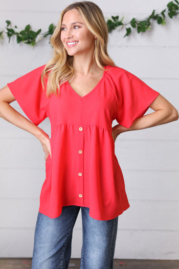 Cherry Red Babydoll Button Down Raglan Woven Top Haptics