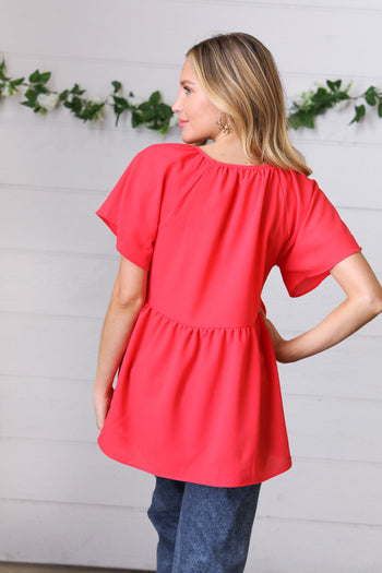 Cherry Red Babydoll Button Down Raglan Woven Top Haptics