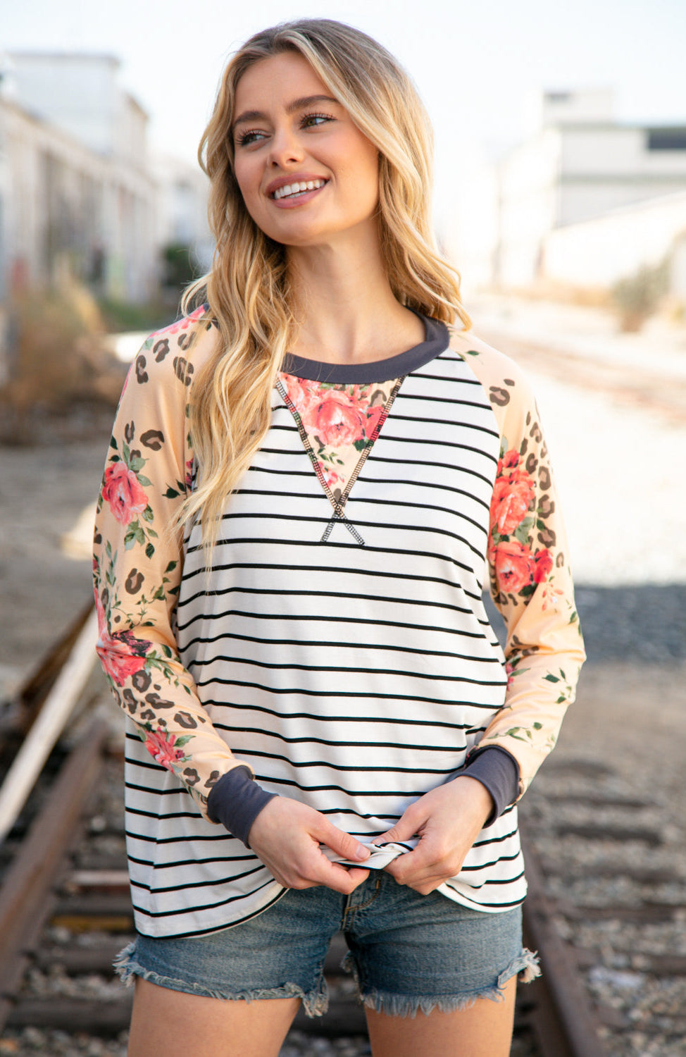 Stripe and Peach Leopard Floral Color Block Top Haptics