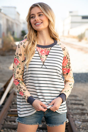 Stripe and Peach Leopard Floral Color Block Top Haptics