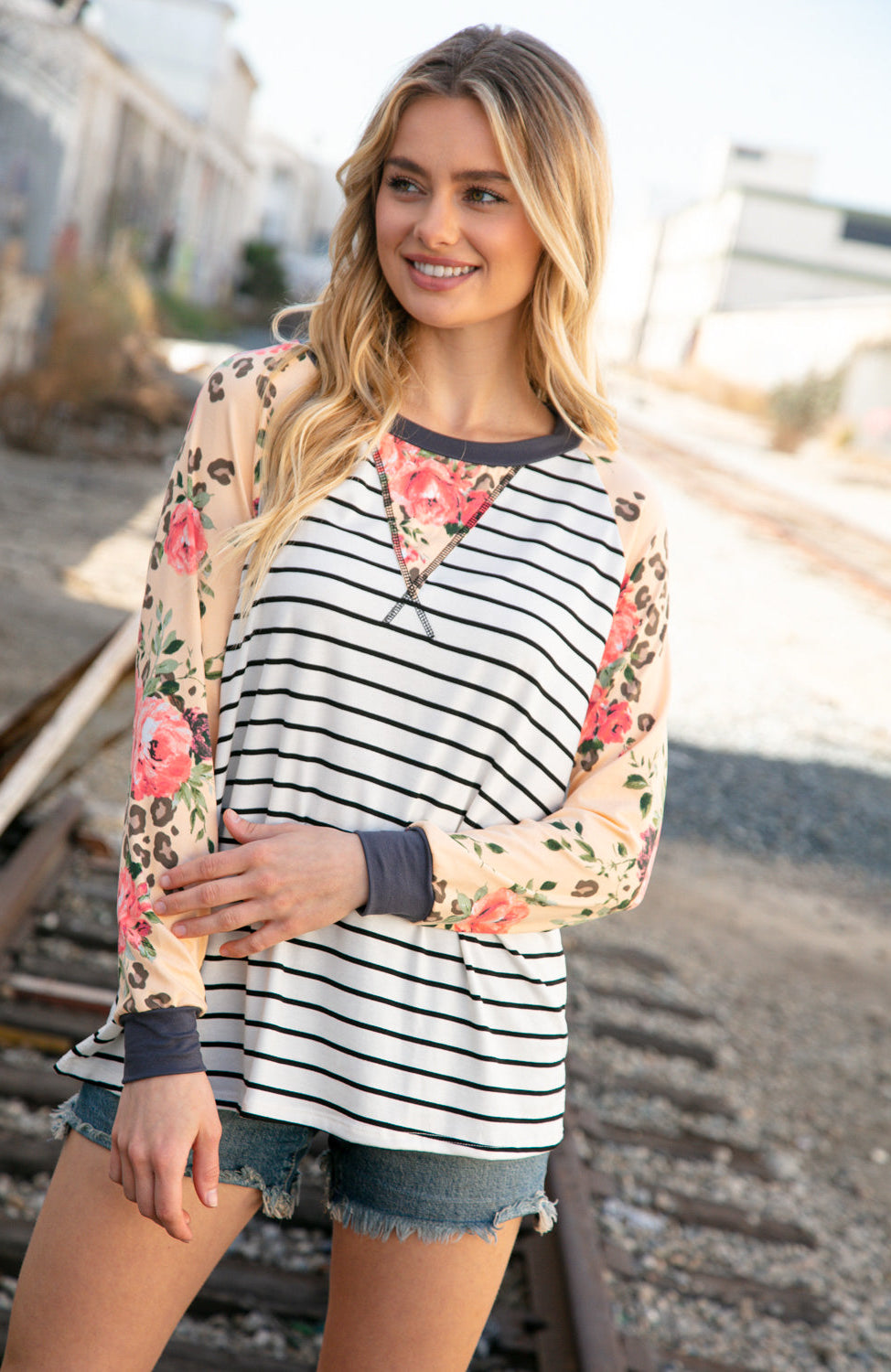 Stripe and Peach Leopard Floral Color Block Top Haptics