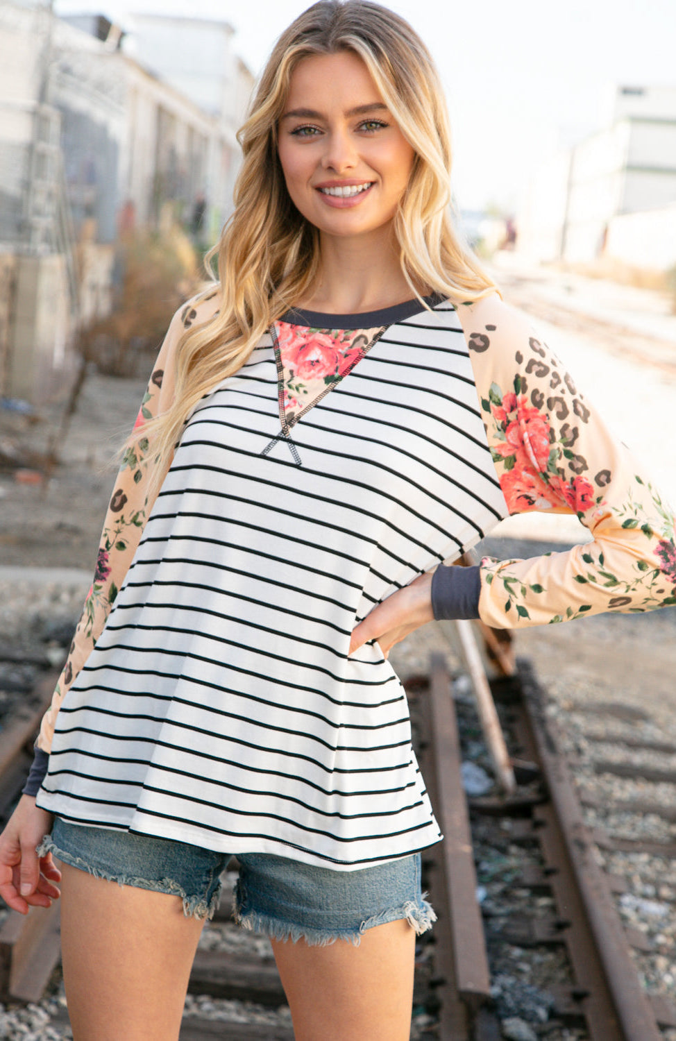 Stripe and Peach Leopard Floral Color Block Top Haptics