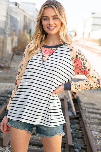 Stripe and Peach Leopard Floral Color Block Top Haptics