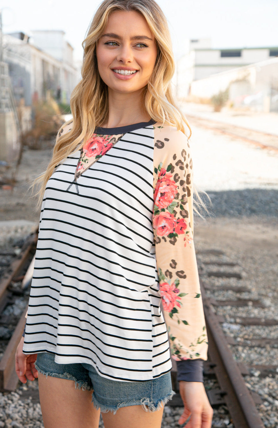 Stripe and Peach Leopard Floral Color Block Top Haptics